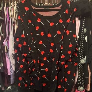 Black Women's Sweater with Red Heart Lollipop Print